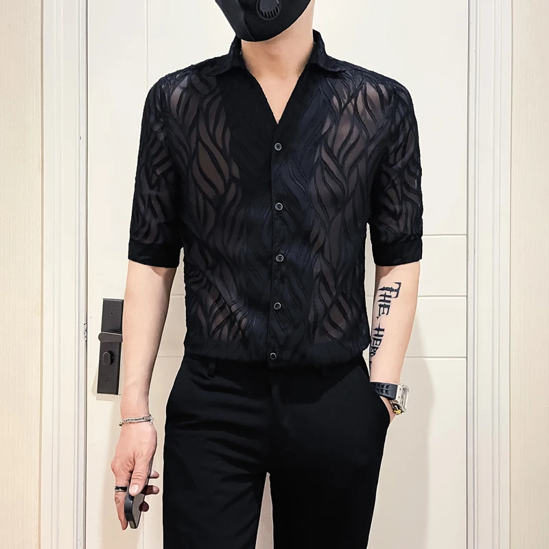 

Summer/Spring See Through Thin Men's Shirts Sexy Breathable Button Half Sleeve Men Shirt Party Nightclub Lace Perspective Shirt