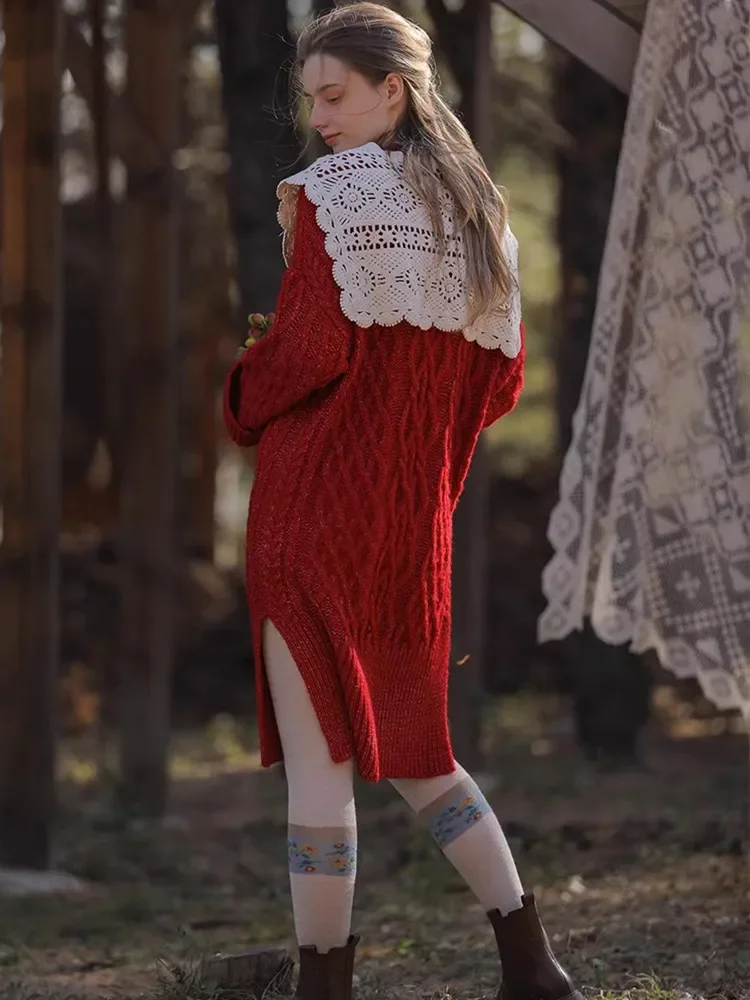 116cm Bust Fall Winter Vintage Red Christmas Sweaters Women Elegant Handmade Embroidery Crochet Collar Long Pullovers Sweaters