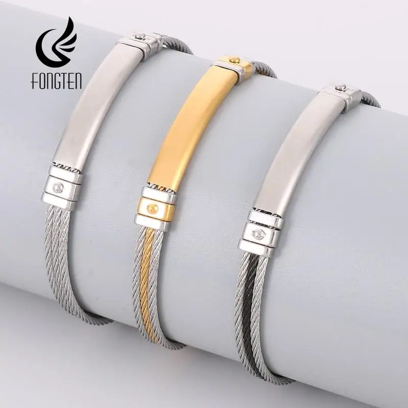 Fongten 6mm Width Stainless Steel Cuff Bracelets Three Layer Steel Wire Cable Chain Bracelet Bangle for Men Wristband Jewelry