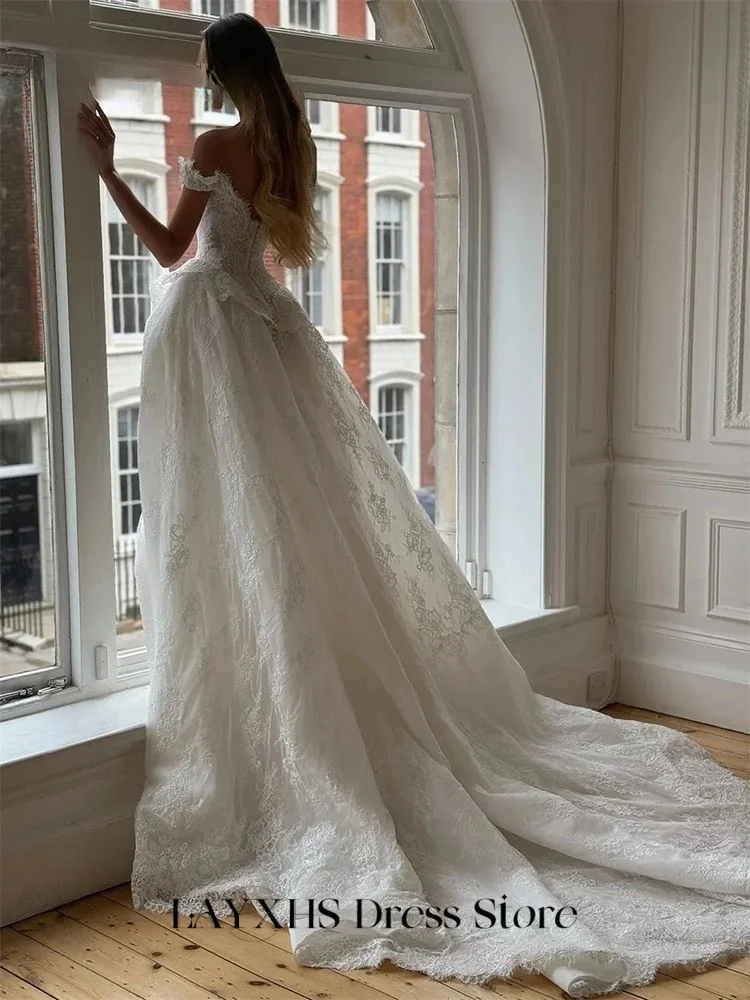 LAYXHS エレガントなウェディングドレス オフショルダー レース ノースリーブ パール フロアレングス ブライダルドレス カスタマイズ hochzeitspartykleid