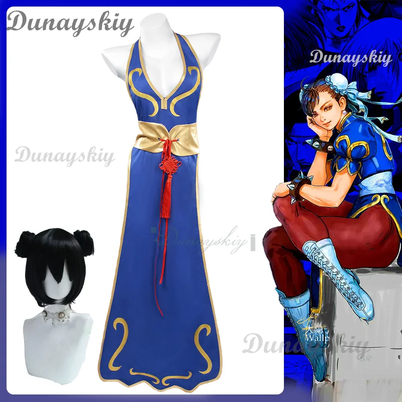 

Street Fighter Chun Li Косплей Синий Cheongsam с высоким разрезом Сексуальное боевое платье Парик Хэллоуин Карнавальная вечеринка
