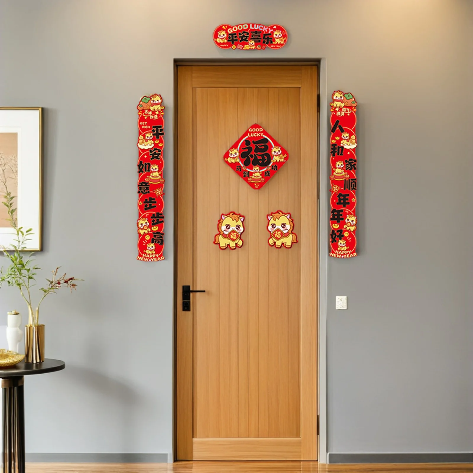 Conjunto de dísticos de ano novo chinês, 6 peças, 2026, vermelho, primavera, festival, decoração de porta, casca, ano novo lunar, banners de parede, cavalo chunlian