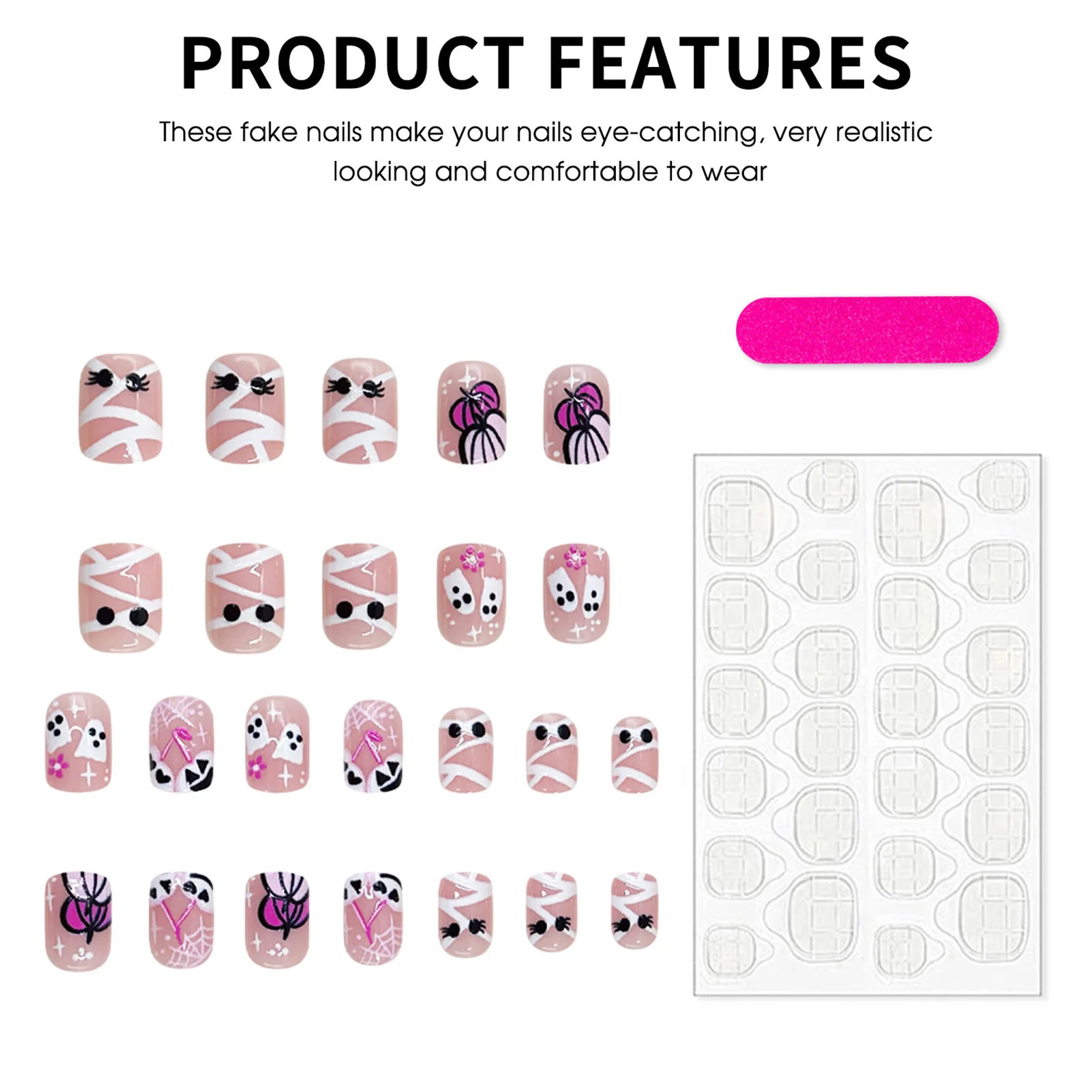 24 Stück Halloween-Themen-Klebenägel, niedliche rosa-weiße Designs mit Geist, Kürbis, Spinnennetz und Mumie, kurze quadratische Kunstnägel – Detail 5