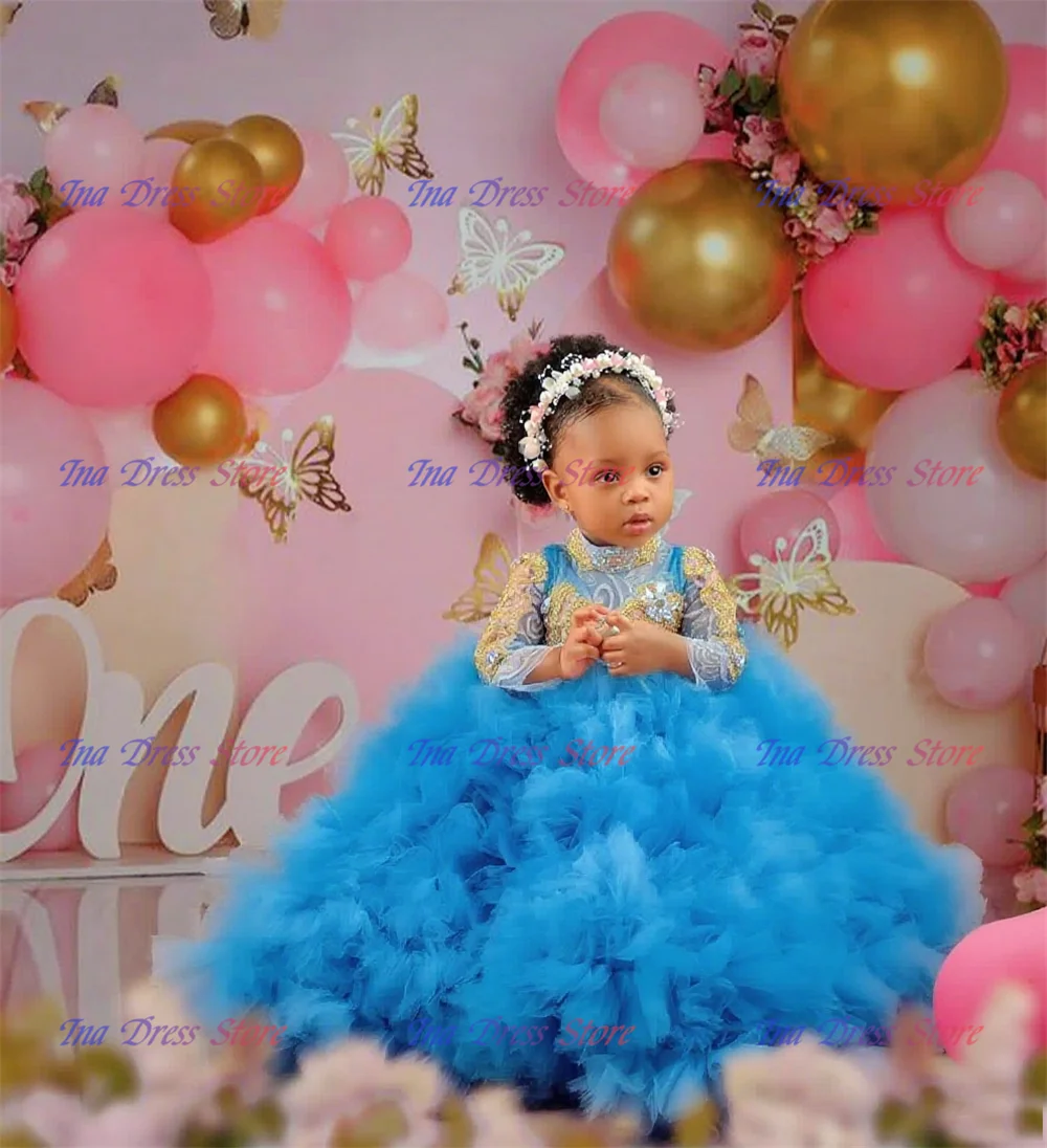

Quality Lovely Blue Flower Girl Dress Layering Tulle Fluffy With Exquisite Gold Applique For Kids Birthday Party Evening Gowns