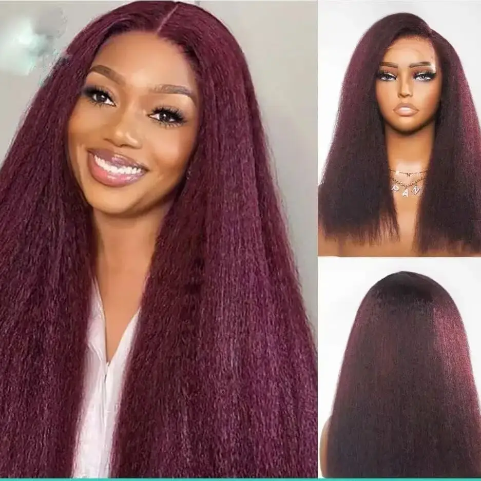 

Kinky Straight 99j# Human Hair Wig 13*4 Transparent Lace 200% Density Bleached Knots Baby Hair Around Pre Plucked Natural Look