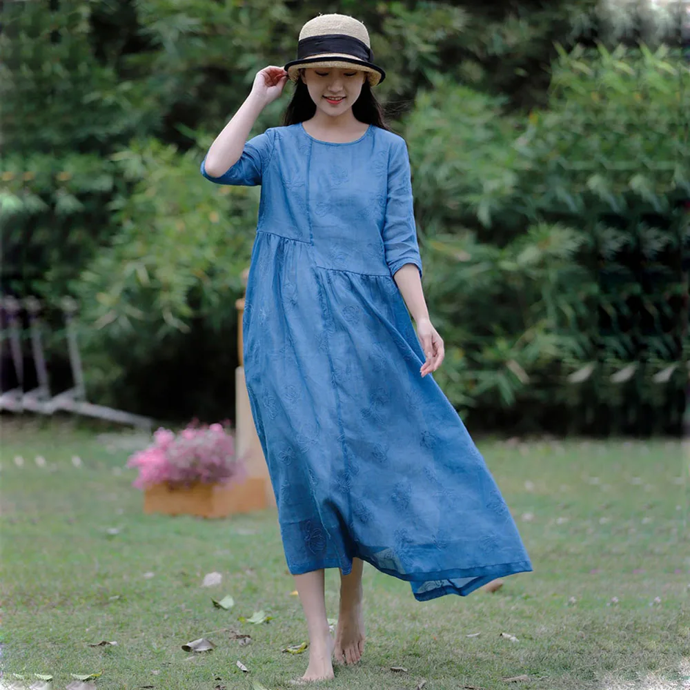 

Women's High-end Ramie Embroidery Tunic Dress Half-Sleeve Summer Round Neck Long Dresses Temperament High Waist With Pockets
