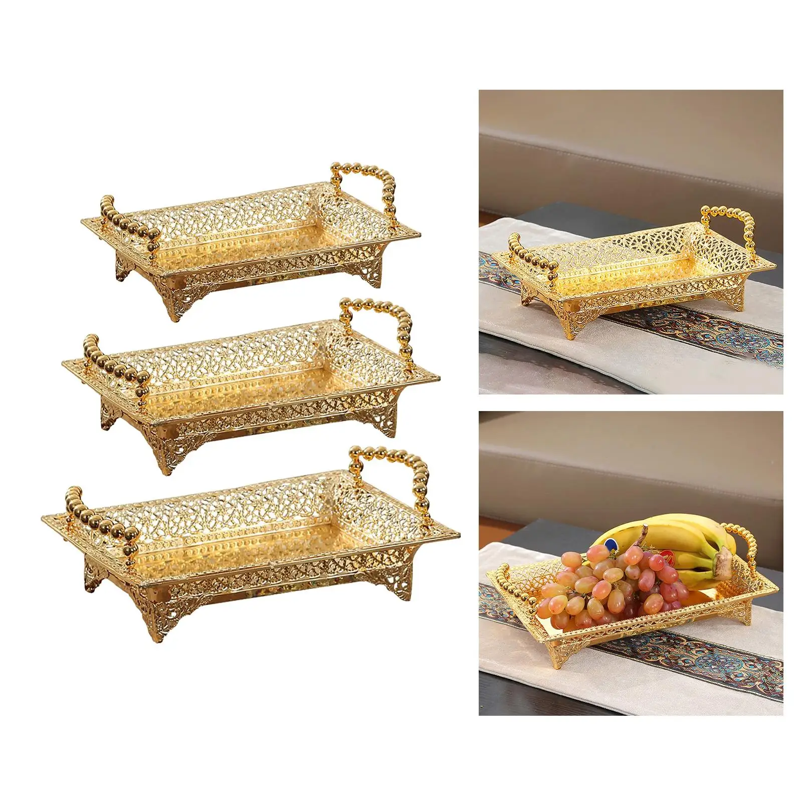 Golden Fruit Tray Retro Storage Metal Tray for Wedding Parties Ornaments Snack Dessert Candy Storage Plate Cupcake Display