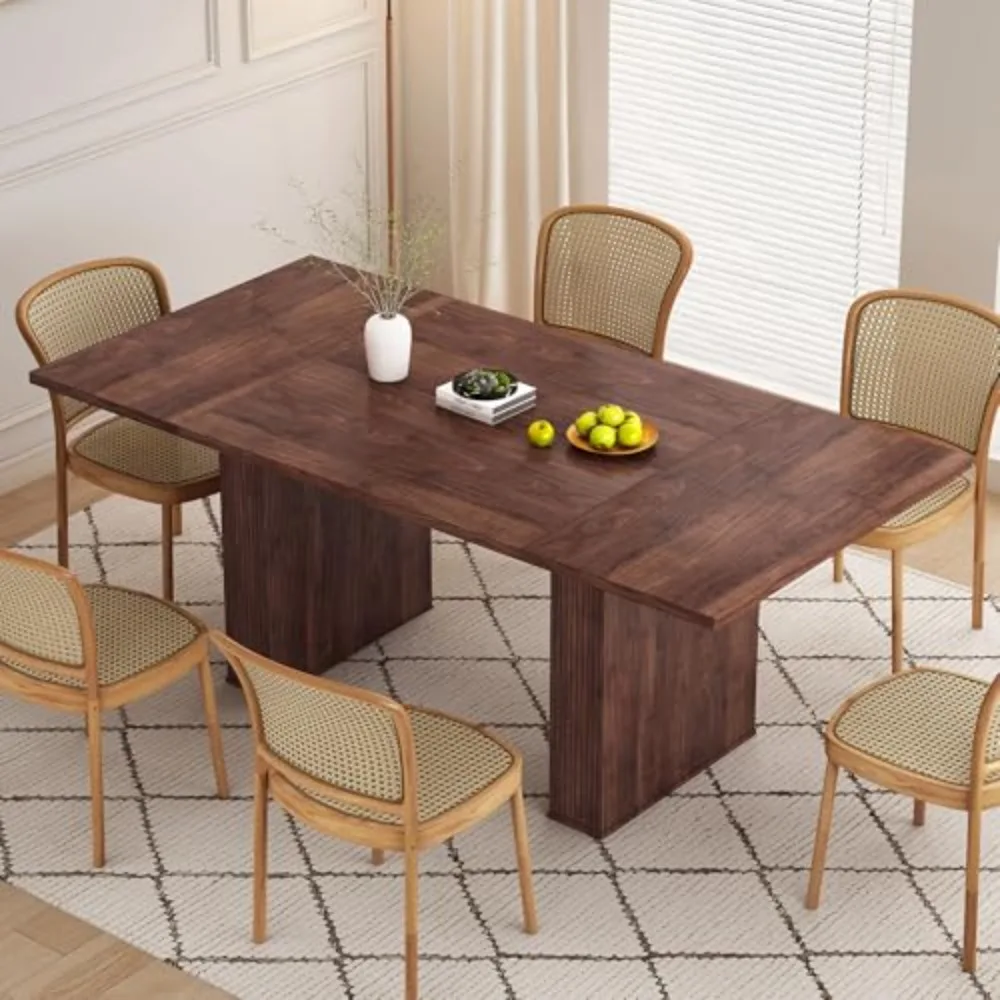 78 Inch Rectangular Dining Table for 6 to 10, Farmhouse Fluted Dining Kitchen Table, Modern Wood Long Dining Table for