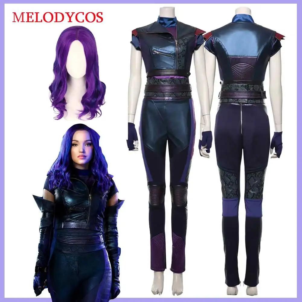 Movie Descendants Mal Cosplay Costume Women Fantasia Blue Purple Jacket Gloves Girdle Belt Pants Outfits Halloween Carnival Suit