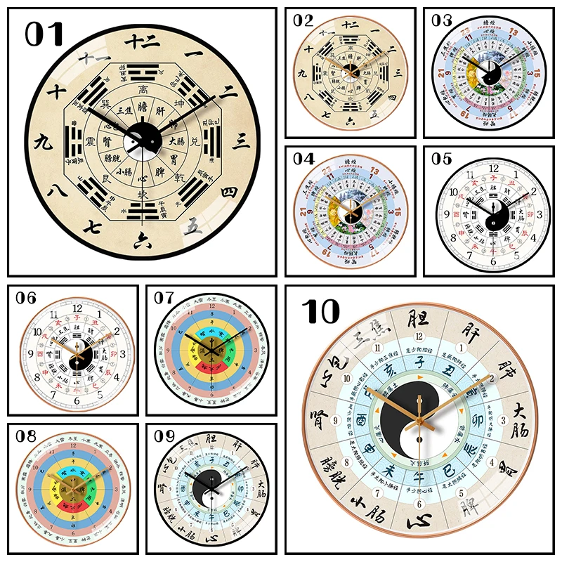 Vintage Silent Wall Clock Living Room Chinese Meridian Bagua Feng Shui Clock Decor for Home Beauty Health Salon, Health Lovers