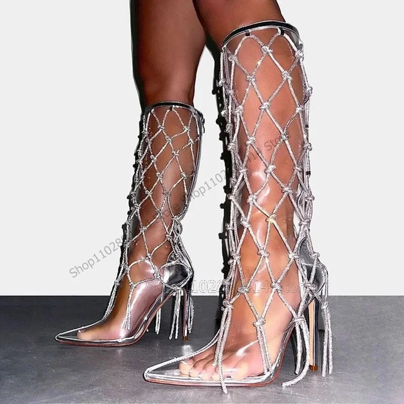 

Silver Knitted Gridding PVC Pointed Toe Boots Back Zipper Women Shoes Thin High Heels Fashion Banquet 2024 Zapatos Para Mujere