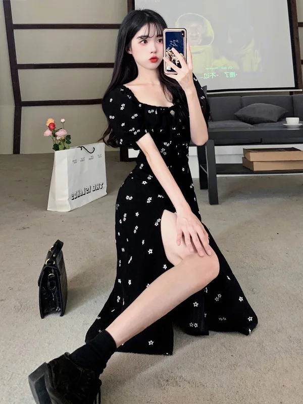 women's summer casual and sweet new black chiffon waist cinched floral split bubble sleeve slimming British style dress UHVF