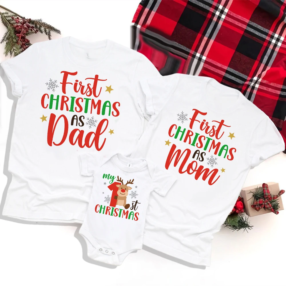 My First Christmas As Dad/mom Family Matching Clothes T-shirt Father Mother and Baby Look Outfits Tops Baby's Jumpsuits T Shirts