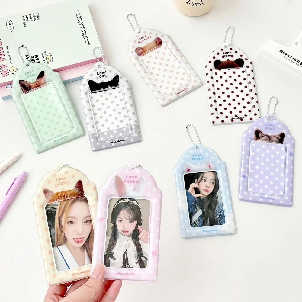 Durable PVC Photocard Holder Animal Ear Print Polka Dot Design 3-inch Kpop Card Sleeve with Chain Photocard Case