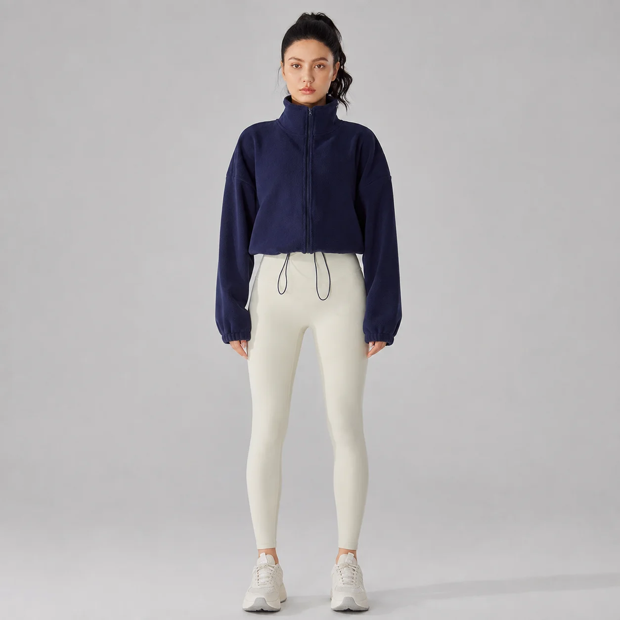 EOENKKY Women Fleece Jacket Stand Collar Zip Up Sweatshirt Oversized Crop Coat Soft Warm Sportswear Casual Workout Outerwear