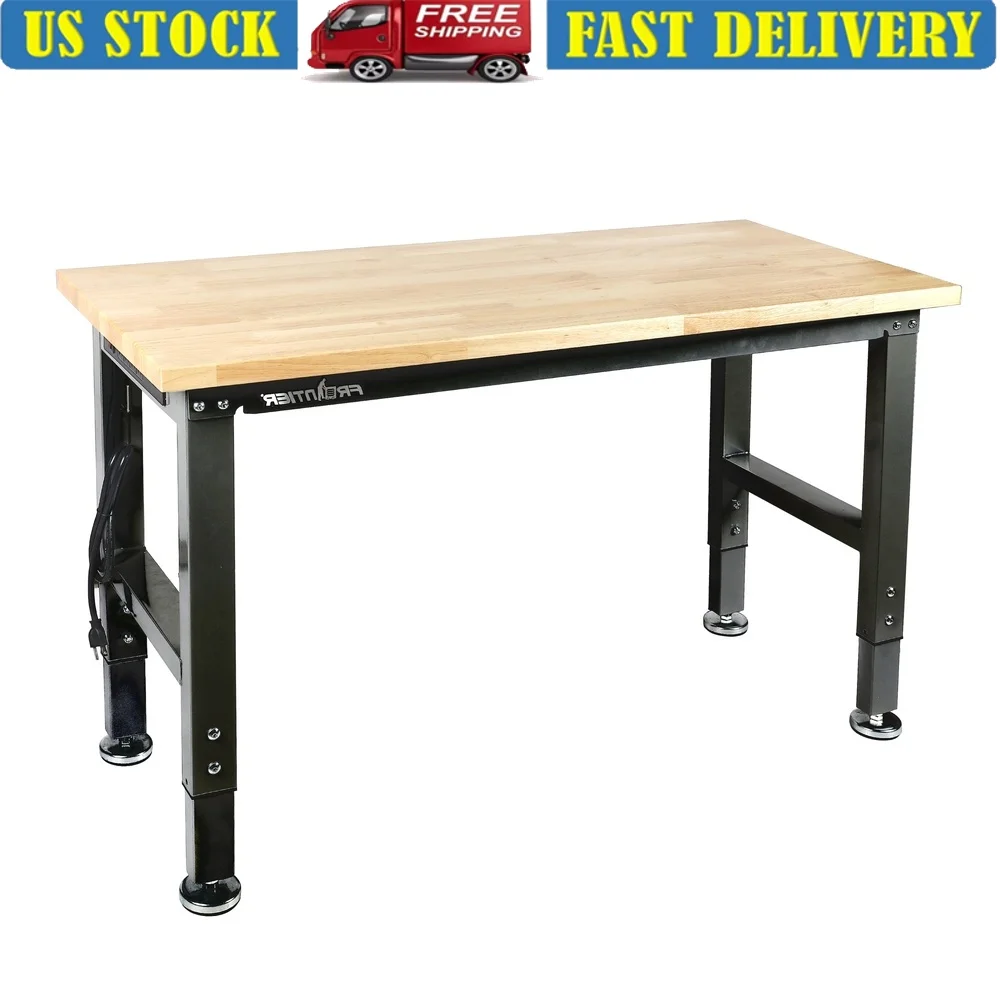 

48 Inch Heavy Duty Workbench Adjustable Height Wood Top Steel Frame Garage Workshop Power Strip USB Ports 1300 lbs Capacity