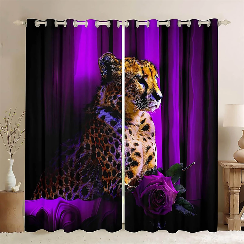 

3D Curtains Purple Rose Floral Animal Tiger Leopard Curtains Living Room Bedroom Balcony Window Decorative Curtains 2 Panels