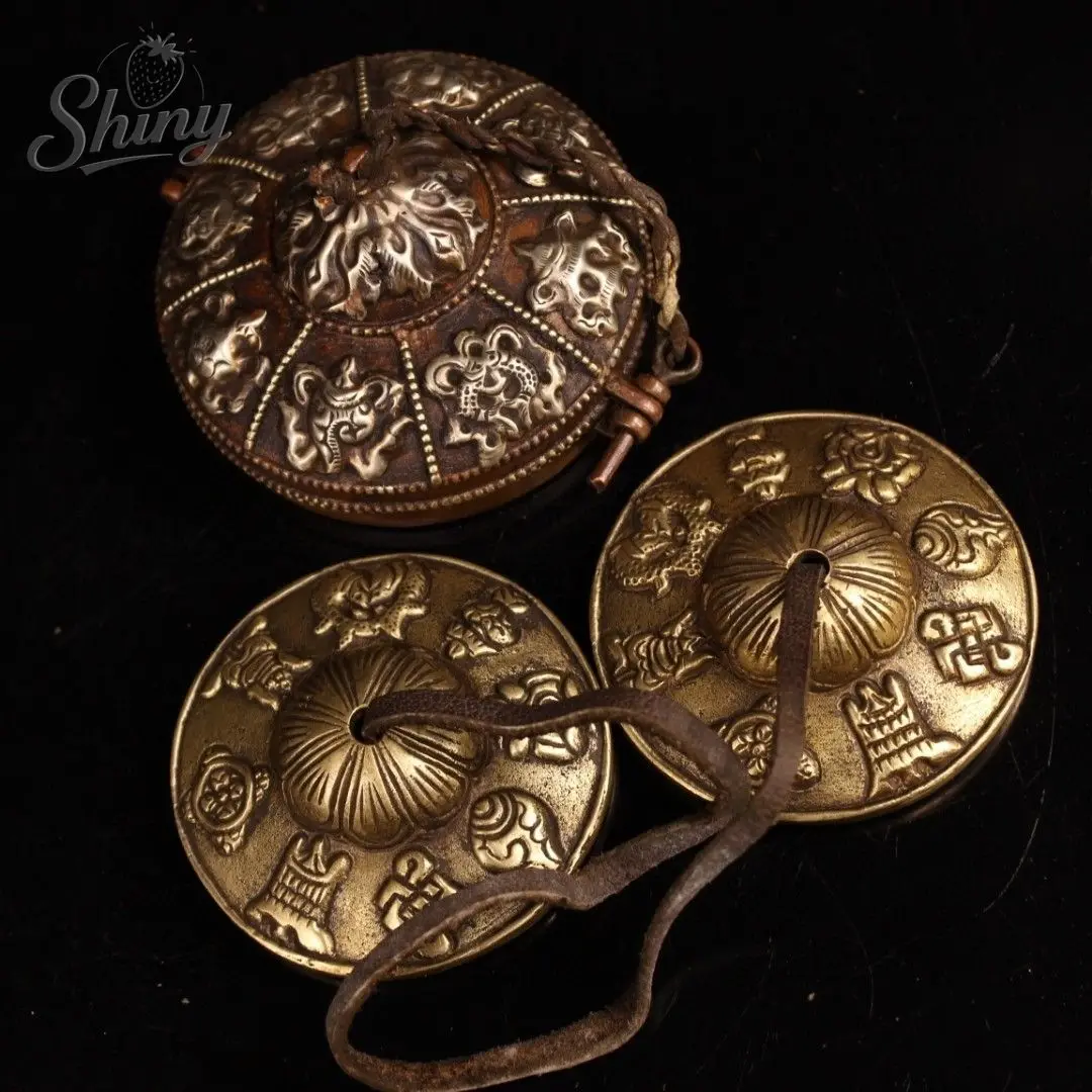 Colección de templo tibetano de 3,5 ", bronce antiguo, cinabrio, patrón de ocho tesoros, campana antigua, amuleto, conjunto de caja de timbre, casa de ciudad