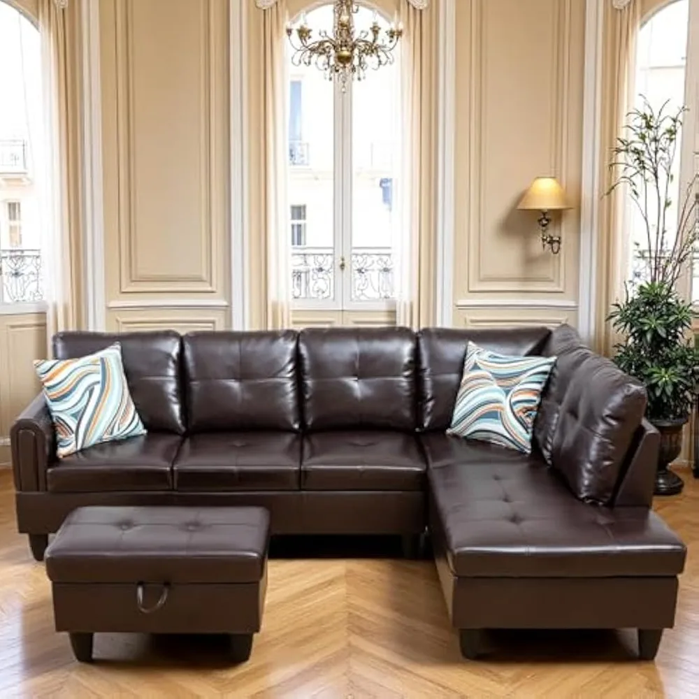 

L Shaped Sectional Sofa With Ottoman, Leather Right Facing Modern Couches For Living Room, Bedroom, Office