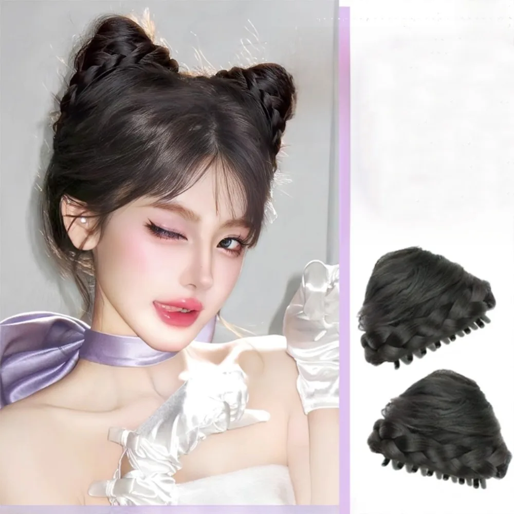 

New Synthetic Cat Ear Wig Bag Natural Brown Clip In Hair Bun Black Fluffy Braided Hairpieces Clip Women