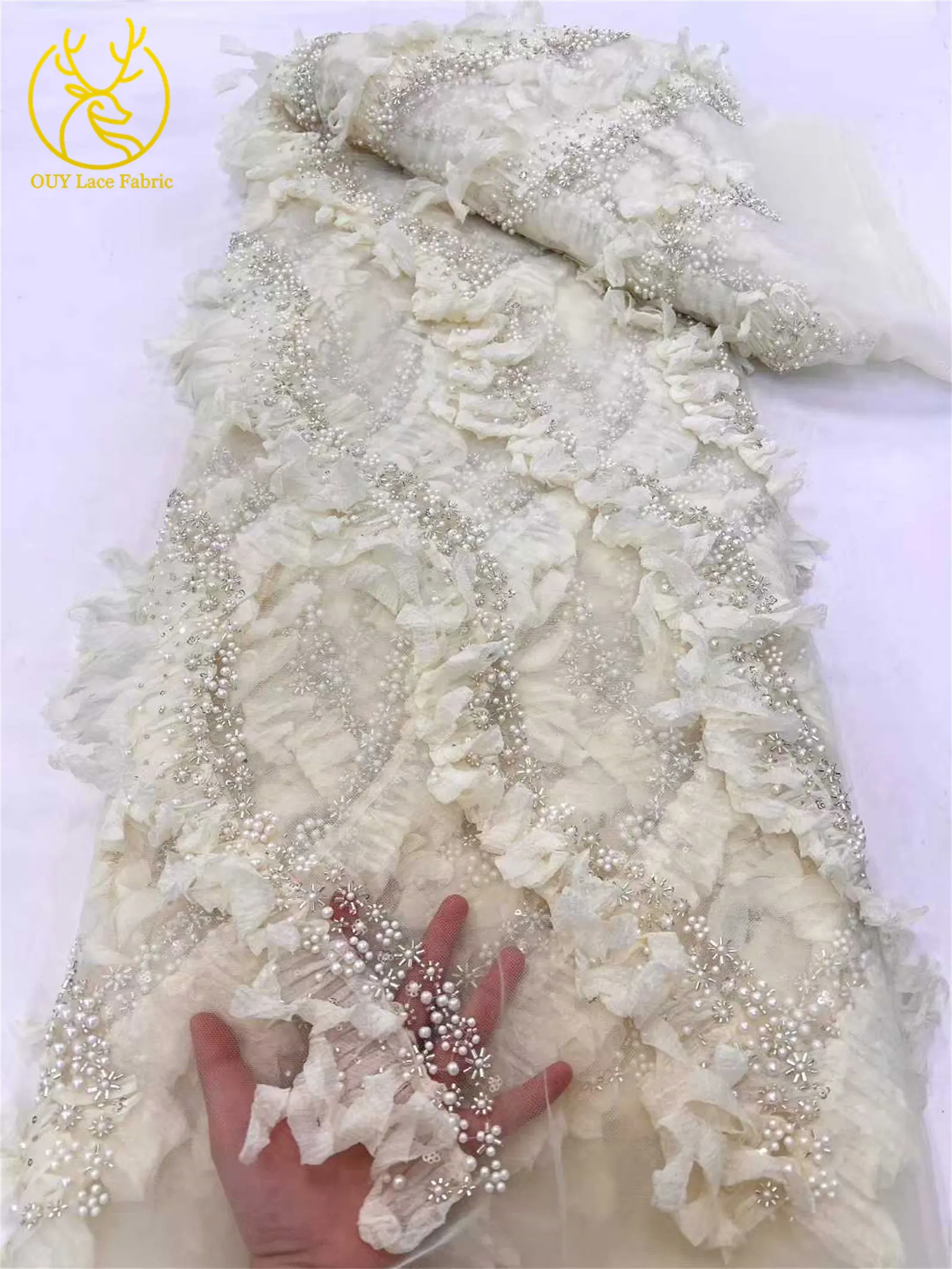 3D Mode Afrikanischer Tüll-Spitzenstoff 2026 Hochwertige Französische Pailletten-Perlen-Spitze für Brautkleider und Hochzeitskleider Nähmaterial – Detail 11
