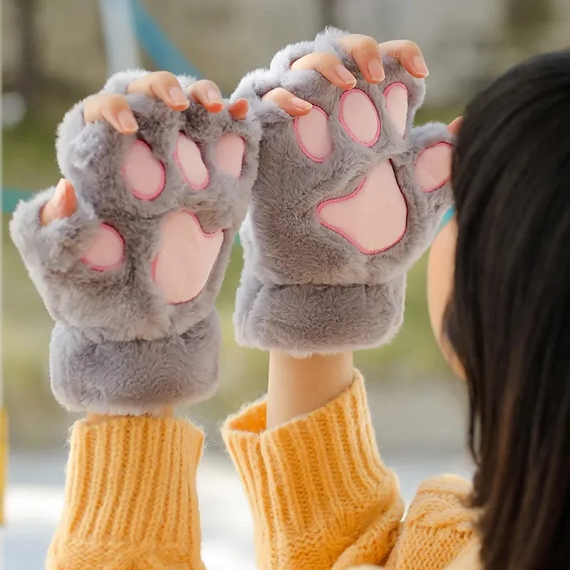 

Girls Lovely Plush Paw Claw Gloves Cat Claw Gloves for Autumn Winter Warm Cold Resistant Plush Half Finger Gloves Thickened