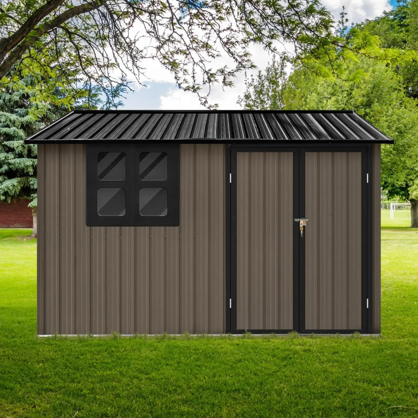 6 x 8 Ft Metal Garden Sheds with Lockable Doors, Outdoor Storage Sheds with Window, Metal Tool Sheds for Backyard/Garden/Patio