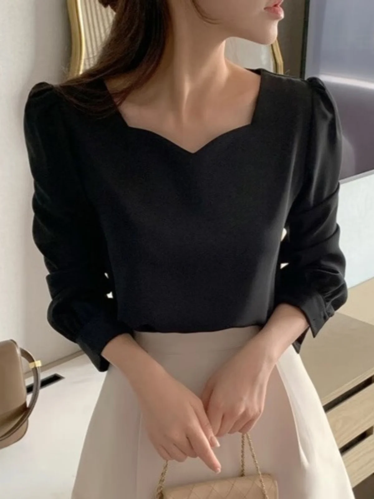 Chic Square Collar Bubble Sve Overhead irt Women's Early Spring New Tea Break Pure Color Versatile Long Sve Top