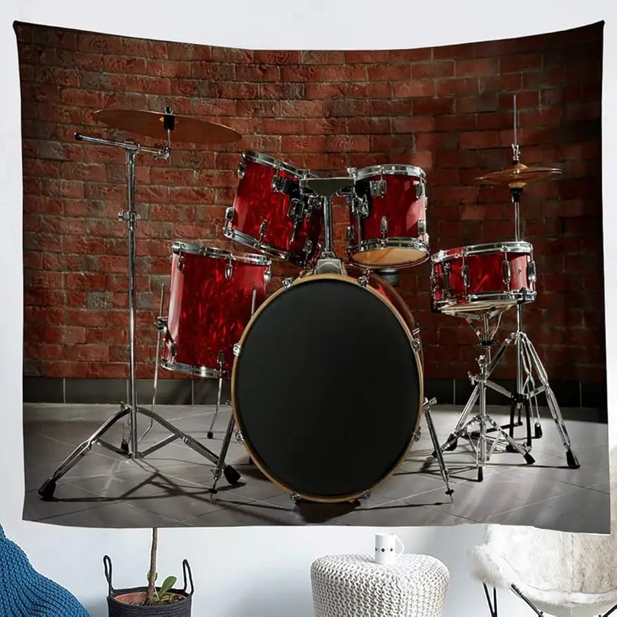 Rock Music Tapestry Drum Kit Tapestry Wall Hanging for Kids Boys Teens Musical Instrument Tapestry Decor for Bedroom Living Room