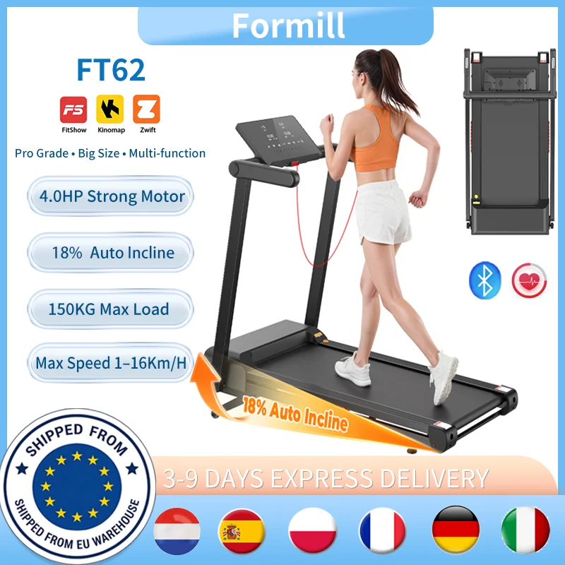 Tapis roulant Formill FT62 4.0HP, 16 km/h, machine de course à domicile, inclinaison de 18 %, capacité de 330 lb, écran LED, moteur silencieux avec Bluetooth