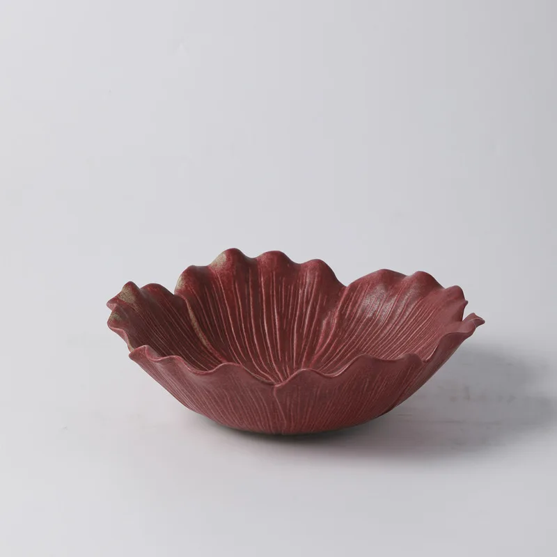 Modern simple retro red ceramic rolled edge vase fruit plate decoration home model room B&B soft decoration ornaments