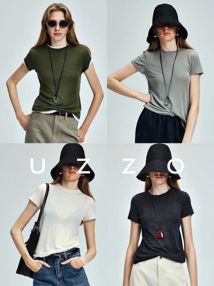 

UZZO pro × Super70S Женская трикотажная футболка из тонкой шерсти с коротким рукавом, базовая модель, четыре цвета, для лета и повседневной носки, машинная стирка