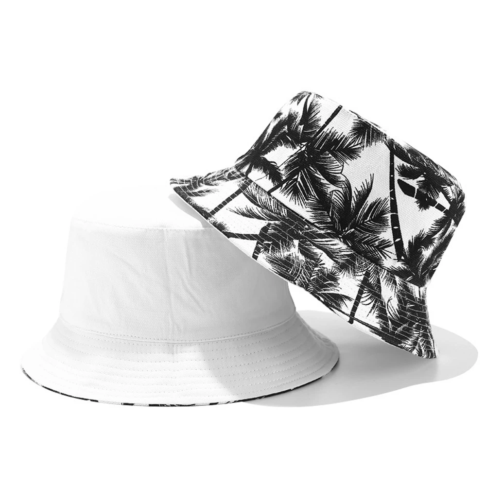 Fashion Reversible Bucket Hat Unisex Summer Coconut Tree Printed Fisherman Cap Black White