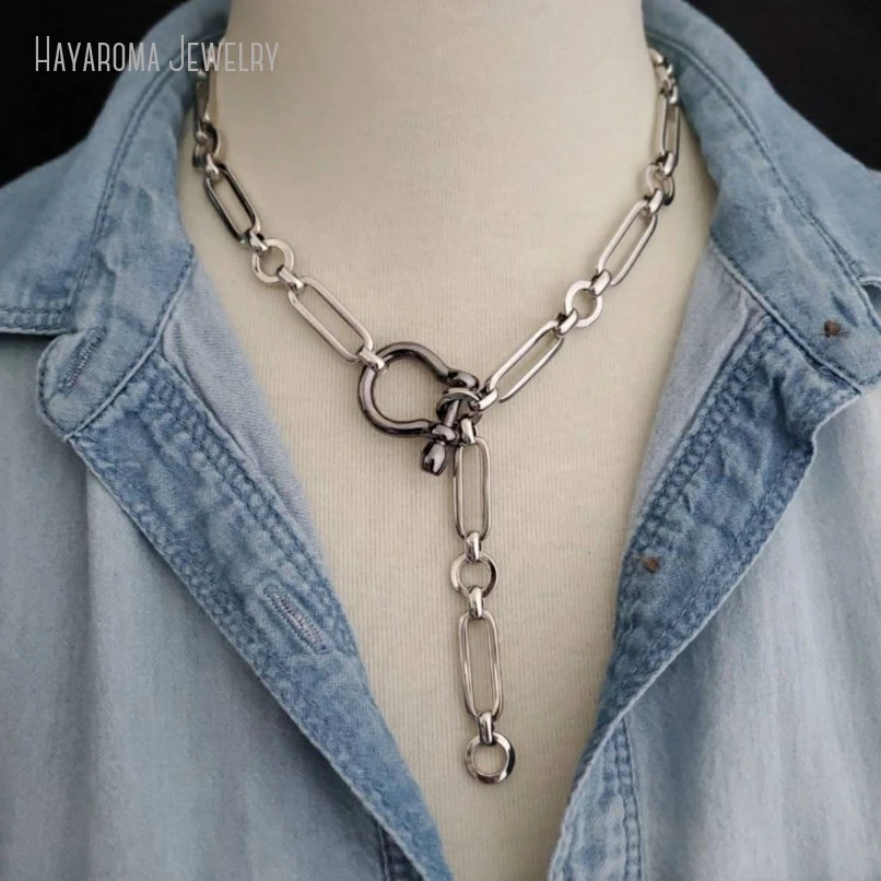 

10Pcs Silver Plated Chunky Paperclip Chain Y Lariat Necklace Gunmetal Shackle Horseshoe Carabiner Jewelry