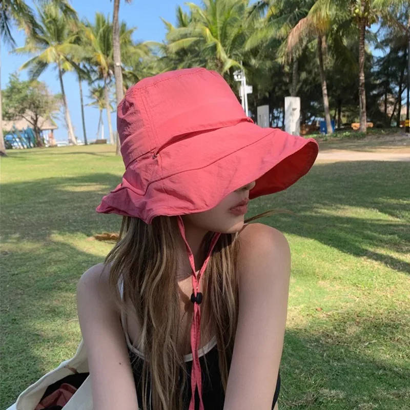 Bucket Hat Windproof Rope Thin Casual Washable Pleated Sun-resistant Solid Color Breathable Women Summer Sun Hat for Daily Life