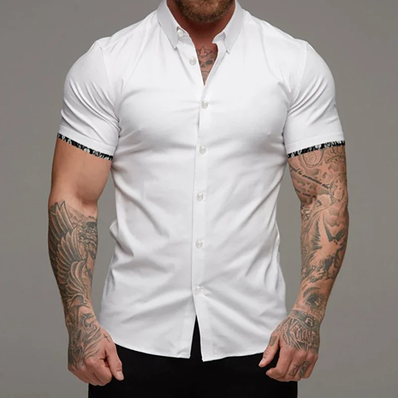 Men\'s Summer 2024 Solid Color Business Professional Dress Shirt Floral Cuffs Basic Short Sleeves Black And White Optional