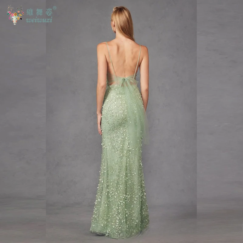 Sexy profundo decote em v suspensórios vestido de praia bordado com diamantes sem costas alta fenda magro ajuste festa de aniversário vestido de noite