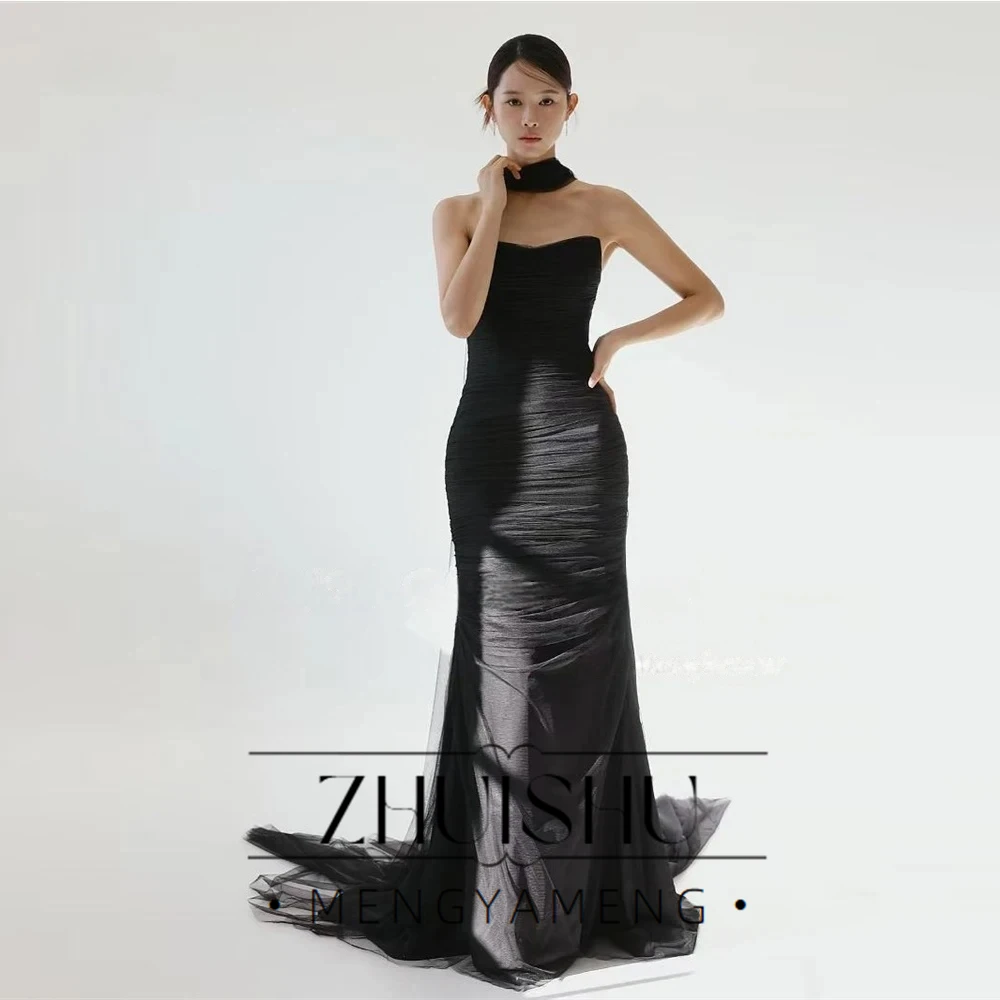 ZHUISHU Black Mermaid Evening Dresses Korea Wedding Photo shoot Soft Tulle Prom Gowns Corset Back Long Evening Party Corset