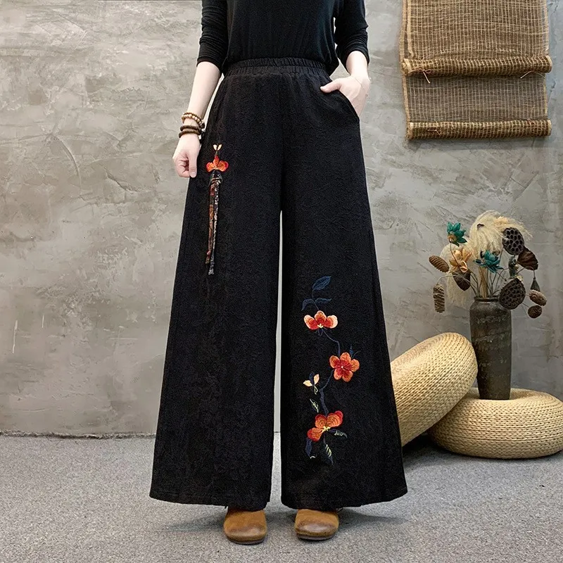 Pantalon rétro en coton et lin pour femmes, jambes larges, ceinture brodée, décontracté, ethnique, taille haute, drapé Long, nouvelle collection printemps