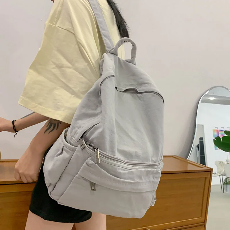 Simple Solid Color Canvas Backpack For Women College Student Vintage Laptop Bag Kawaii Ladies Travel Backpack Fashion Schoolbag