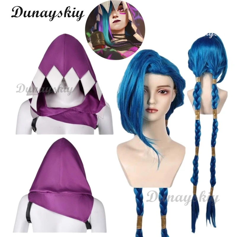 Conjunto de cosplay Arcane Temporada 2 Jinx – Peruca trançada azul-rosa desbotada Assinatura Headwear LOL Roleplay Acessórios de convenção de Halloween