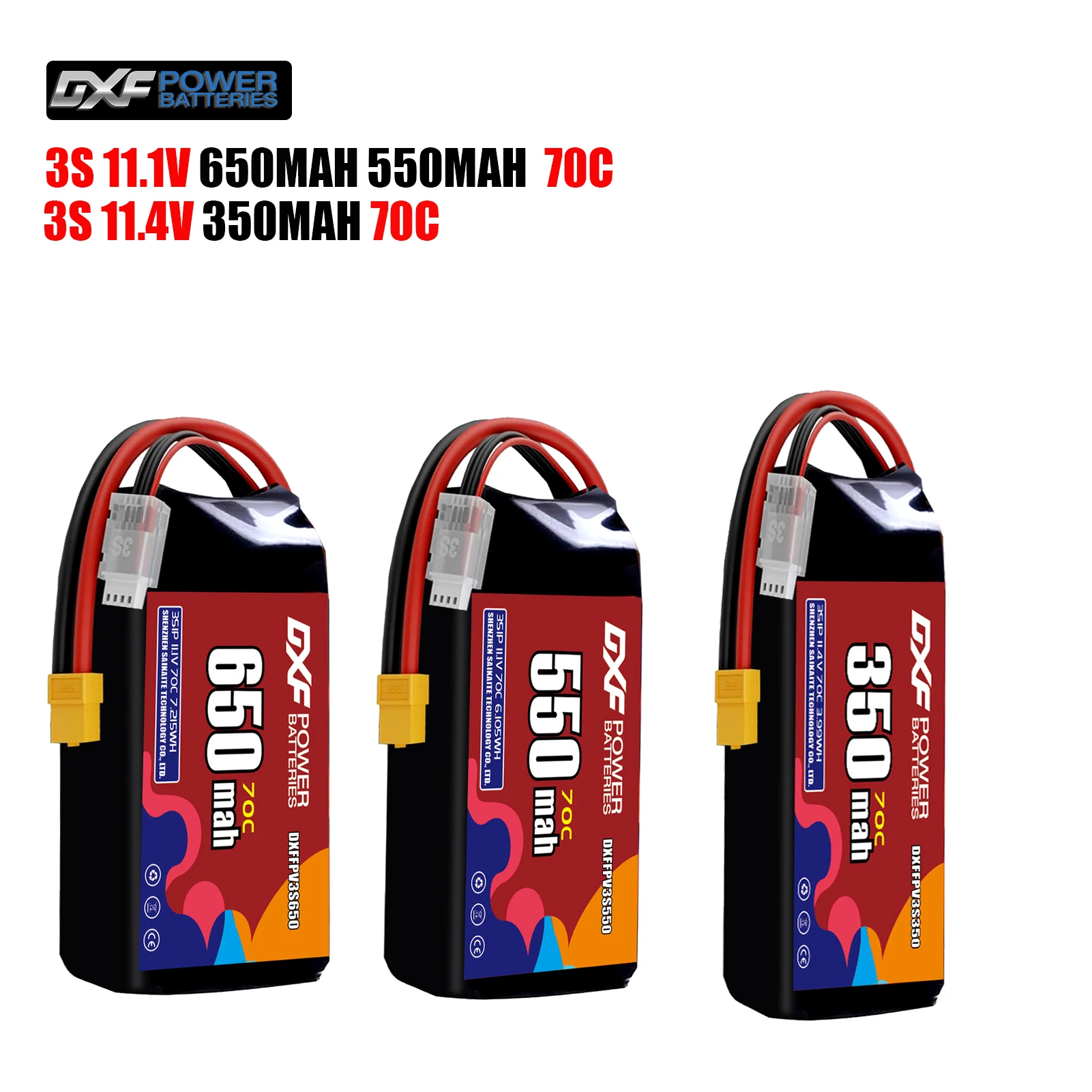 

DXF Lipo 3S Battery 11.1V 650mAh 550mAh 11.4V 350mAh 70C with XT30 XT60 JST Plug for FPV Helicopter Airplane Quadcopter Drone