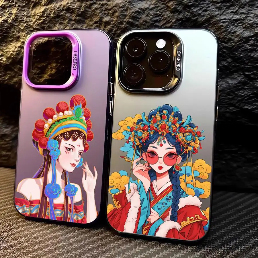 Beijing Opera Cool Girl Colored Silver Case for Apple iPhone 11 13 15 Pro Max 12 14  XR X XS Shockproof Protective Phone Cover