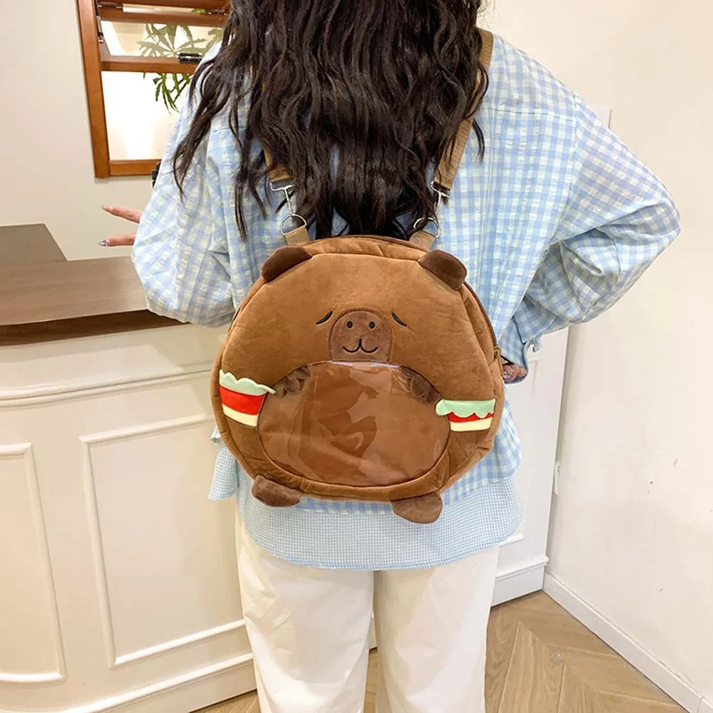 

Cute Capybara Plush Backpack Soft Large Capacity Creative Ita Bag Transparent Adjustable Straps Cartoon Doll Daypack Gifts