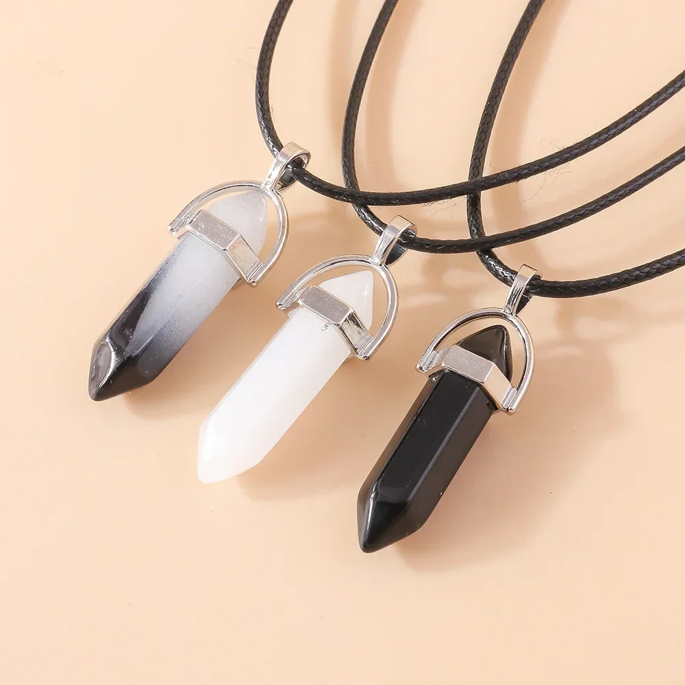 Natural Stone Pendant Necklace Women PU Leather Glass Hexagonal Column Pointed Reiki Chakra Lapis Opal Chunky Jewelry