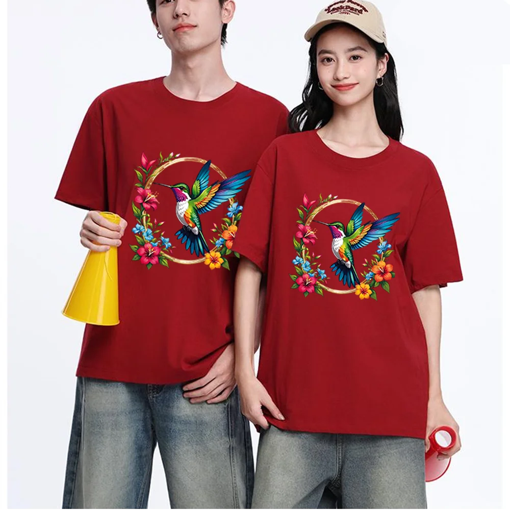 Hummingbird Floral Wreath Printed T Shirt Cotton S-XXL Personalized Custom Casual Short Sleeve Tee Aesthetic Graphic Top Unisex