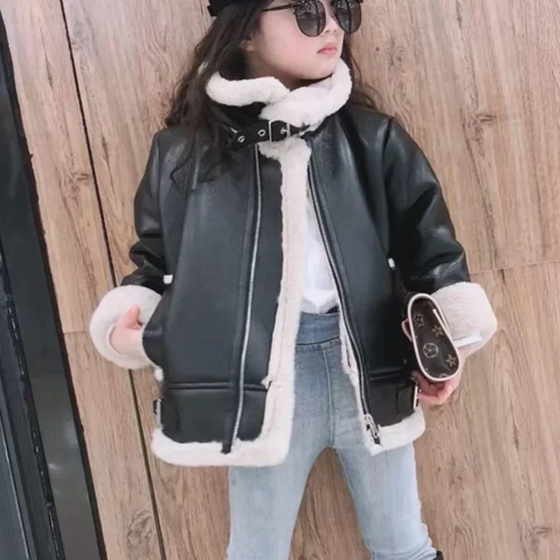 Girls  Jacket  Leather Motorcycle  Kids Coats Fleece   Children  Jacket  Winter Autumn