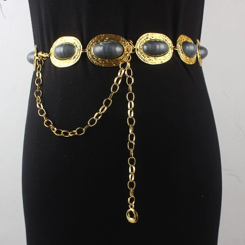 

Модная серебряная богемная женская круглая поясная цепочка, роскошная серая эллиптическая цепочка с драгоценными камнями, ремни, женские подходящие юбки, платье