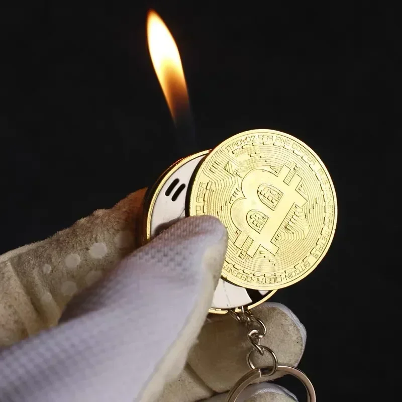 2025 Creative Gold Coin Shape Open Flame Pendant Lighter Butane Gas Point Commemorative Virtual Coin New Unique Pendant