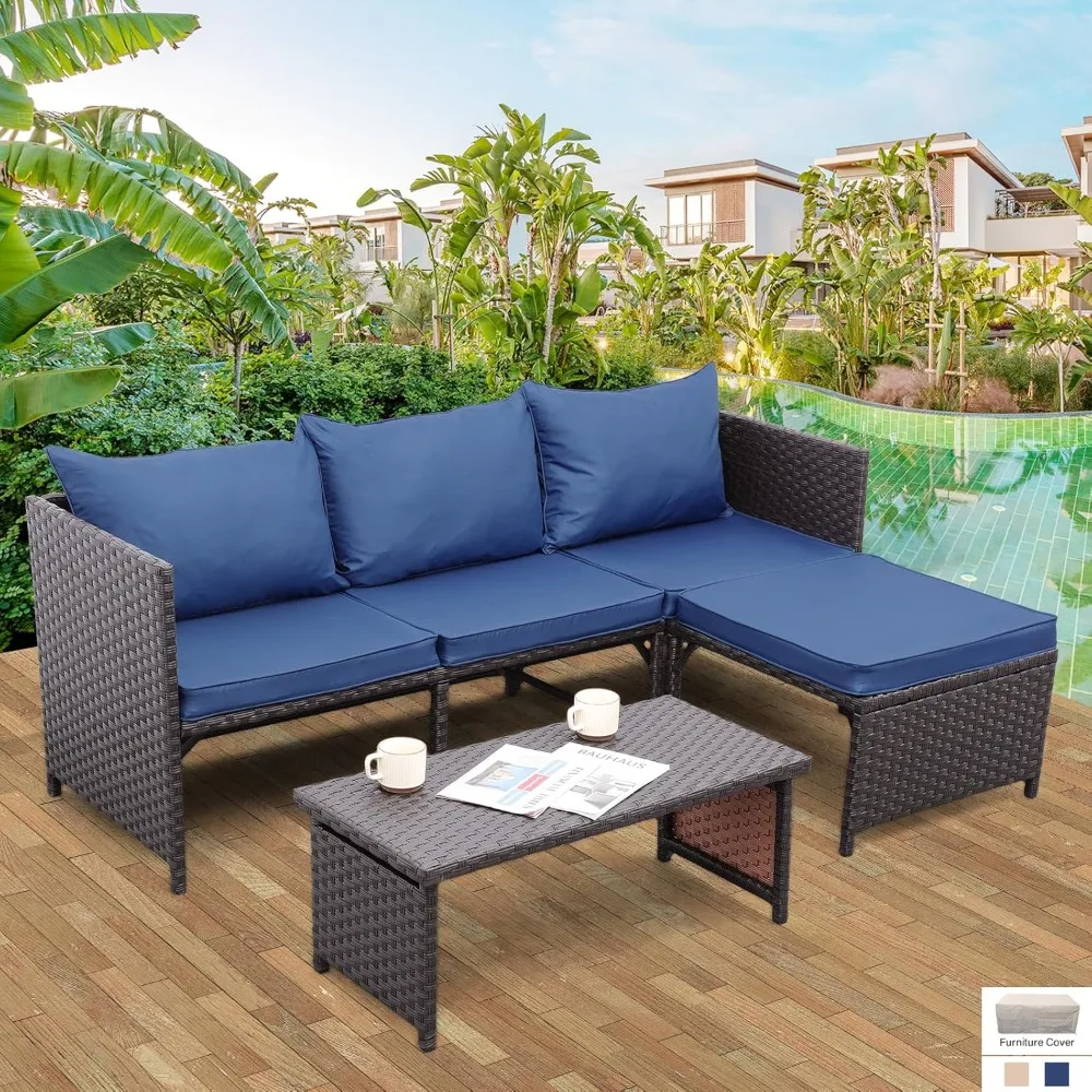 Outdoor Furniture Set 3 Piece Patio Parlor Set with Non-Slip Cushions, Dark Blue